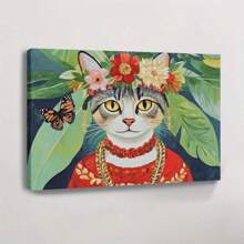 1pc Framed Canvas Wall Art Poster Printing Abstract Digital Realism Floral Animal Crown Detailed Unique Visually Appealing A Cat Wearing A Flower Crown Wall Art Decoration For Living Room Bedroom Bathroom Kitchen Apartment Hotel, Artful Home Decoration - Framed, Horizontal - Framed Canvas - View 1