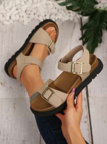 女士户外休闲厚底减震舒适真皮带扣时尚凉鞋，加大码 - 米色 - 查看 3