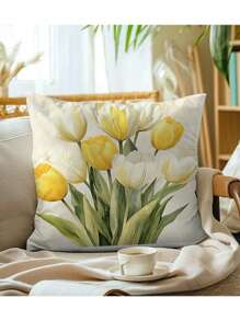 4pcs New Tulip Flower Series Pillow Case, Soft Polyester Plush Cushion Cover For Sofa