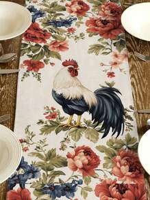 1pc Modern Farmhouse Rooster Print Table Runner, Chicken Pattern Table Runner For Home Decor, Kitchen, Party, Indoor & Outdoor Decoration