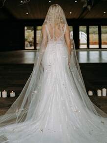 1pc Luxury Bridal Veil With Glittering Golden Stars, Gorgeous Wedding Long Tail Headpiece Fall Clothes For Women