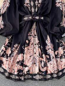 印花灯笼袖纽扣前开襟连衣裙，波西米亚风格，长袖短款印花修身连衣裙，女士秋冬度假装 - 黑色 - 查看 4