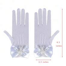 1 Pair Bowknot Nylon Hollow Out Lace Fishnet Gloves, White, Ideal For Wedding, Party, First , All Seasons - A - View 4