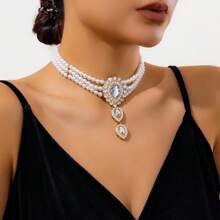 1pc Fashionable Luxurious Faux Pearl Crystal Rhinestone Bridal Necklace, Retro Beaded Choker Necklace, Bridal Bracelet, Wedding Party Jewelry Accessories