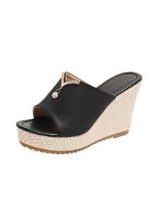 Women's 2025 Summer New Rhinestone Platform Wedge Thick Bottom Open Toe Sandals, Fashion Versatile Strap Slide Sandals - Black - View 9