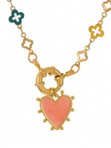 1 Piece Women's Heart Necklace, Copper Drip Oil Heart Hollow Out Lucky Straw Circle Clasp Necklace, Gold Heart Pendant Necklace, Chunky Faux Gold Chain, Birthday Gift Holiday Gift (Hand-Cut, Four-Leaf Clover Colors And Zirconia Are Randomly Selected. Pendant Can Be DIY ) - Multicolor - View 15