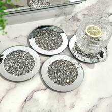 4pcs/Set Glass Mirror Coasters, 4x4 Inch Rhinestone Decorated Insulated Cup Mats, Decorative Placemats For Restaurant, Kitchen, Bar, Dining Table, Coffee Table, Birthday Table Decor - 銀色 - 查看 5