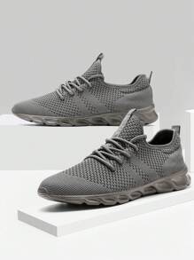 男士网眼透气运动鞋系带平底鞋训练网球鞋步行鞋舒适轻便运动鞋深灰色 - 深灰色 - 查看 3