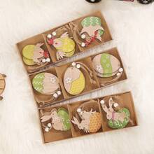 6 pièces/set Nouvelles décorations de Pâques, ornements d'animaux en bois peints de manière créative, cartes de Pâques, fournitures de fête, décoration suspendue artisanale, joli cadeau
