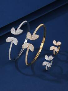 2pcs Copper Bangle And Ring Jewelry Set, Flower Zirconia Design, Fashionable And Charming, Suitable For Gift And Daily Wear Valentines,Mom,Mother,Mother's Day,Gift - 020604 - View 13