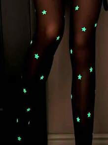 1pc New Luminous Neon Star Pantyhose, Glow-In-The-Dark Black Tights