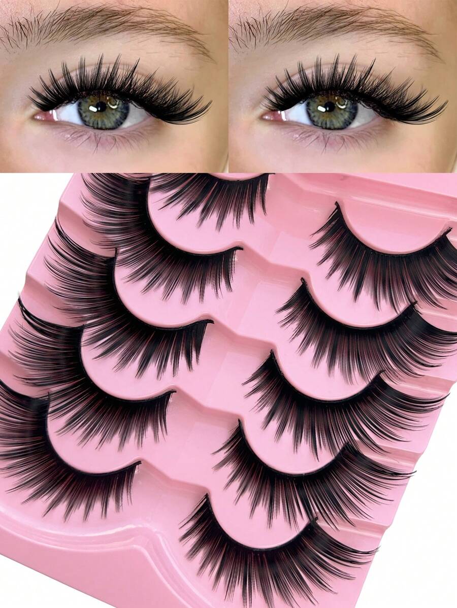 5 对猫眼睫毛纤细浓密狐狸眼假睫毛可重复使用眼尾加长仿貂皮睫毛手工扇形假睫毛适用于派对和日常化妆