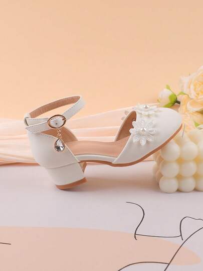 White Chunky Heel High Heel Buckle Formal Dress For Girls, Dance/Wedding/Party Flower Girl Ballet Style, Girls Pearl Hook And Loop Daily Casual Shoes For Toddler/Little/Big Kids