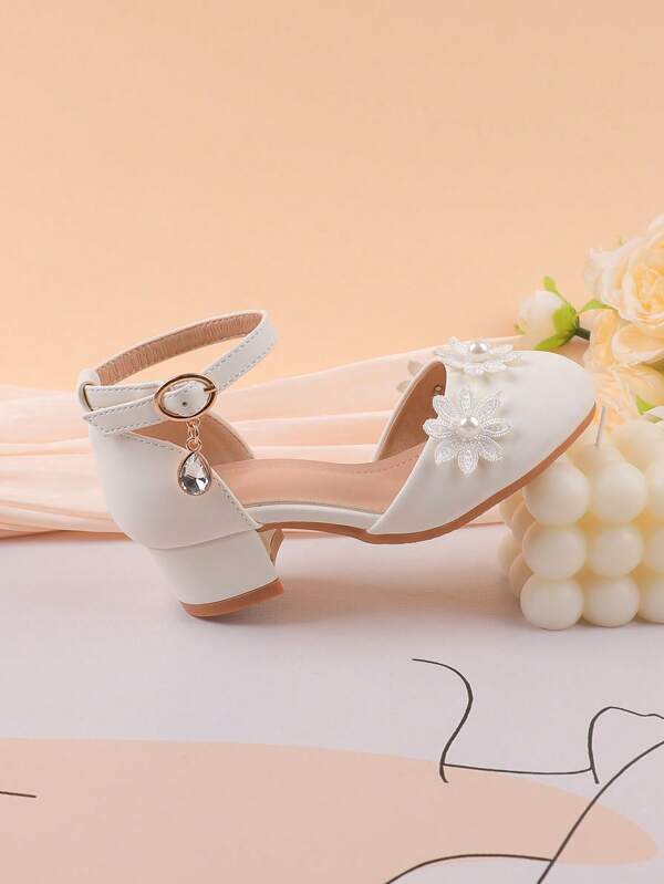 White Chunky Heel High Heel Buckle Formal Dress For Girls, Dance/Wedding/Party Flower Girl Ballet Style, Girls Pearl Hook And Loop Daily Casual Shoes For Toddler/Little/Big Kids
