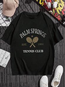 Plus Size Men Street Style Tennis Racket Graphic Printed T-Shirt, Crew Neck Short Sleeve Casual Y2K Pullover Tee For Daily Wear
