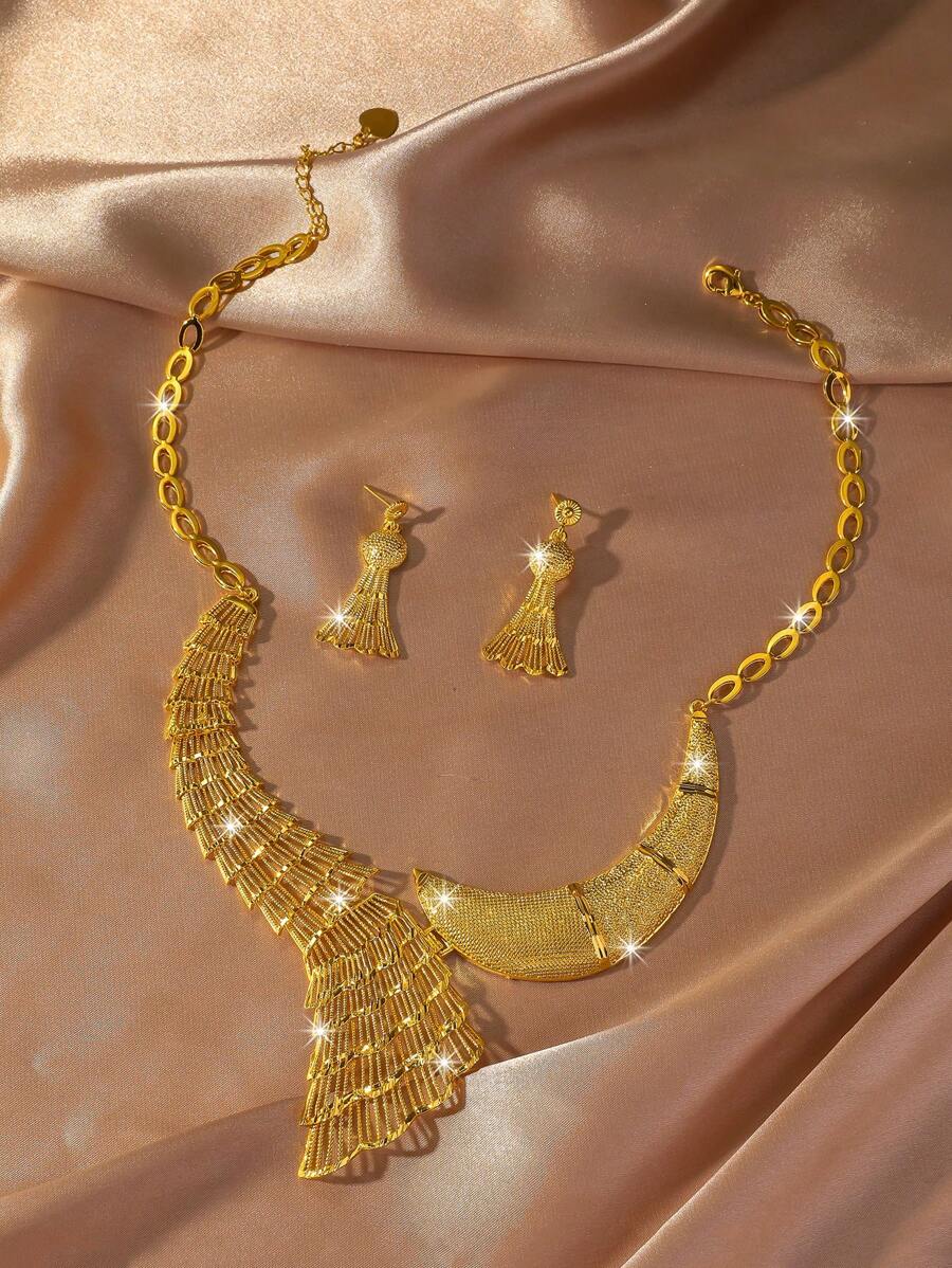 2 件套镀金花朵和叶子项链耳环首饰套装，时尚新娘结婚礼物，适合伴娘 - 金黃色 - 查看 1