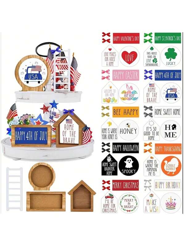 1 Set 10 Designs 30 Patterns Farmhouse Tiered Tray Decor Set Including Cards, Ladders, Arch Windows, Wood Frames, Bows, Ribbons, All Season Interchangeable Holiday Rustic Wood Frames With Cards, Home Kitchen Tabletop Decor (Tray Not Included)