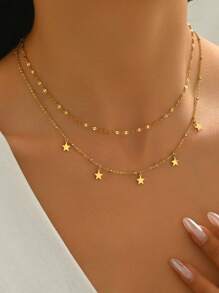 LIEBEIRIS 1pc 18K Gold Plated Minimalist Double Layer Geometric Star Pendant Stainless Steel Bracelet, Suitable For Women's Daily Wear And Gift