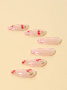 24 pièces Ongles à pression en forme d'amande, style fille, ton rose, 1 poussoir à ongles + 1 gel à ongles