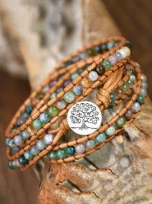Brazalete de estilo bohemio envolvente de 3 capas con piedra de ágata natural, brazalete de yoga vintage multicapa - multicolor - Ver 1