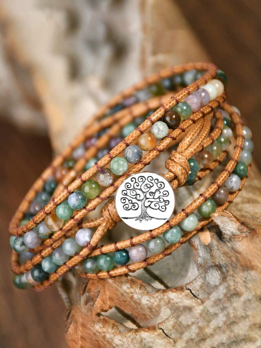 Brazalete de estilo bohemio envolvente de 3 capas con piedra de ágata natural, brazalete de yoga vintage multicapa - multicolor - Ver 1
