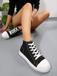 Women's Fashionable Soft And Comfortable Canvas High-top Lace-up Casual Sports Shoes, For All Seasons - Black - View 4