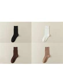 4 đôi tất cổ cao màu trơn không xương dành cho nữ, tất cổ cao màu trắng, thoáng khí, phù hợp mặc hàng ngày, sau sinh, mùa thu - Nhiều màu - Xem 19