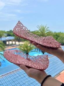 Women's Summer Hollow-Out Flat Jelly Crystal Sandals Closed Toe Soft Beach Shoes - Pink - View 5