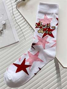 1双儿童/青少年吸湿透气红色星星字母图案袜子，返校季 - 粉色 - 查看 4