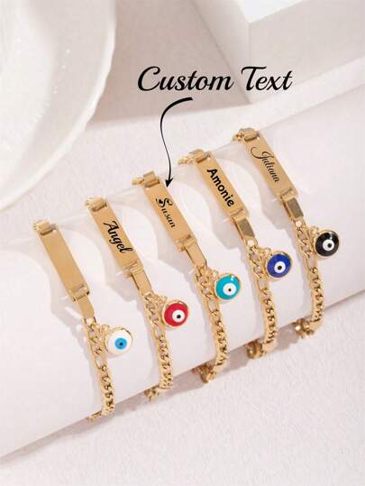 1pc Personalized Engraved Name/Date 18K Gold Plated Copper Evil Eye Charm Bracelet Stainless Steel Bracelet Cute Pendant DIY Birthday Gift, Dear Baby Jewelry, Adjustable Charm Bracelet For Boy Girl Baptism Birthday Gift Stainless Steel Non-Allergic Bracelet For Children Funny New Year's Gift Mother's Day