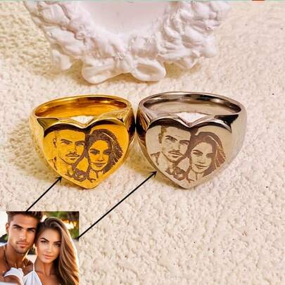 טבעת [מותאמת אישית] עם תמונה חרוטה אישית, עיצוב מלוטש ועמיד - מתנות יום הולדת מותאמות אישית לזוגות, משפחה, חברים, מתנות סיום לימודים, מתנות ליל כל הקדושים, מתנות חג המולד, מגיעה עם שקית אחסון לאביזרים לתכשיטים - אביזר ייחודי מסדרת התכשיטים המעודנת