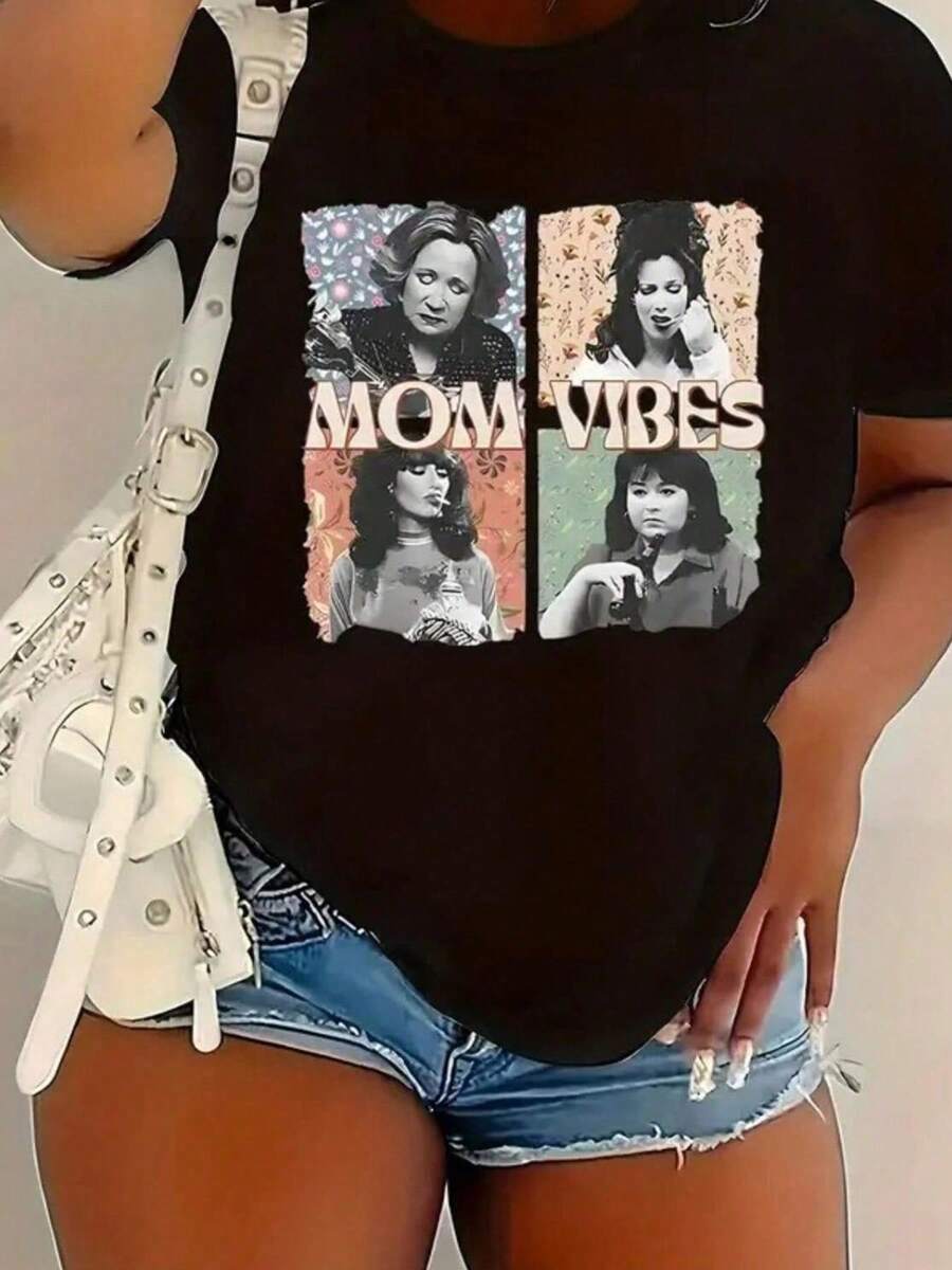 Plus Size 'Mom Vibes' Graphic Tee - Short Sleeve, Crew Neck, Casual Summer & Spring Top For Women - màu đen - Xem 1