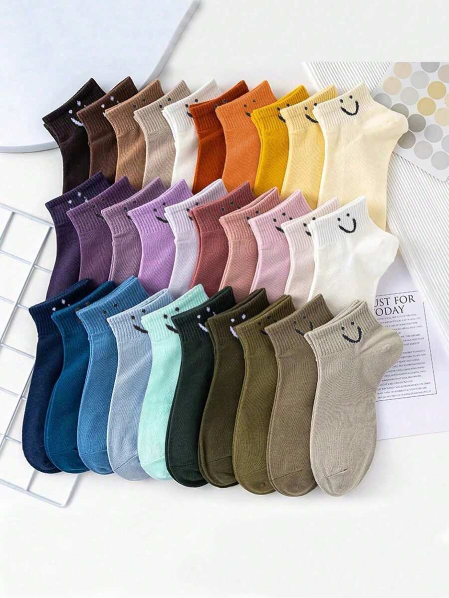 10 Pairs Random Candy Colored Smiling Face Children Sports Comfortable Daily Casual Elastic Short Socks - Multicolor - View 1