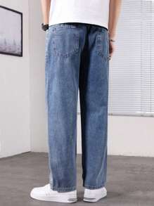 Men's Casual Drawstring Waist Tapered Leg Washed Denim Jeans - Medium Wash - View 4