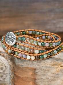 Brazalete de estilo bohemio envolvente de 3 capas con piedra de ágata natural, brazalete de yoga vintage multicapa - multicolor - Ver 6