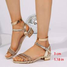 Golden Thick Heel Sandals For Women, New Ladies Shoes, Buckle Strap Summer Dress Shoes, Rhinestone Decor High Heels Sandals