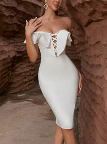 ADYCE Ruffle Ruffled Backless Bandage Bodycon Party Dress For Women, Cocktail Party Gown, Wedding Guest Dress - White - View 3