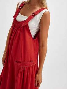 Women's Barrel Midi Dress Loose Adjutable Strap Big Pockets Maxi Dress Overall Jumpsuits - Đỏ - Xem 3