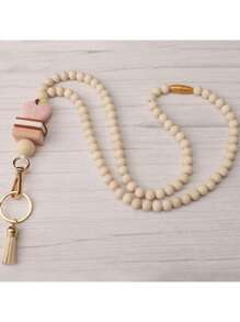 1pc Neck Keychain Strap Boho Tassel Wooden Beaded Lanyard For Keys Keychain ID Card Holder Fashion Necklace Lanyards For Women Gift,School Supplies,Back To School