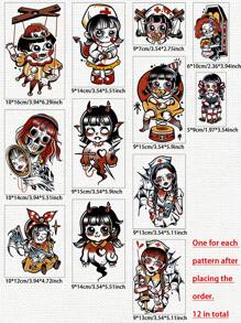 Set de 10 tatuajes temporales a prueba de agua con patrones de chica rebelde Lolita oscura y lindos dibujos animados, duran de 1 a 5 días, unisex