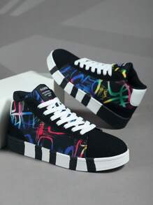 Zapatillas de deporte de mujer de suela de caucho antideslizante con estampado de grafiti en blanco y negro en contraste, de estilo clásico, personalizadas, aptas para deportes al aire libre y caminar en todas las estaciones.