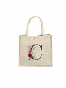 1 pieza Bolso de mano con flor de lino y letra, bolso de gran capacidad sencillo, bolso de almacenamiento casual portátil, bolsa de compras multifuncional, bolsa de regalo personalizada, adecuada para bodas, cumpleaños, playas, festivales, regalos perfectos para mujeres, maestros, amigos, damas de honor, bolsos grandes, estudiantes y vuelta a clases