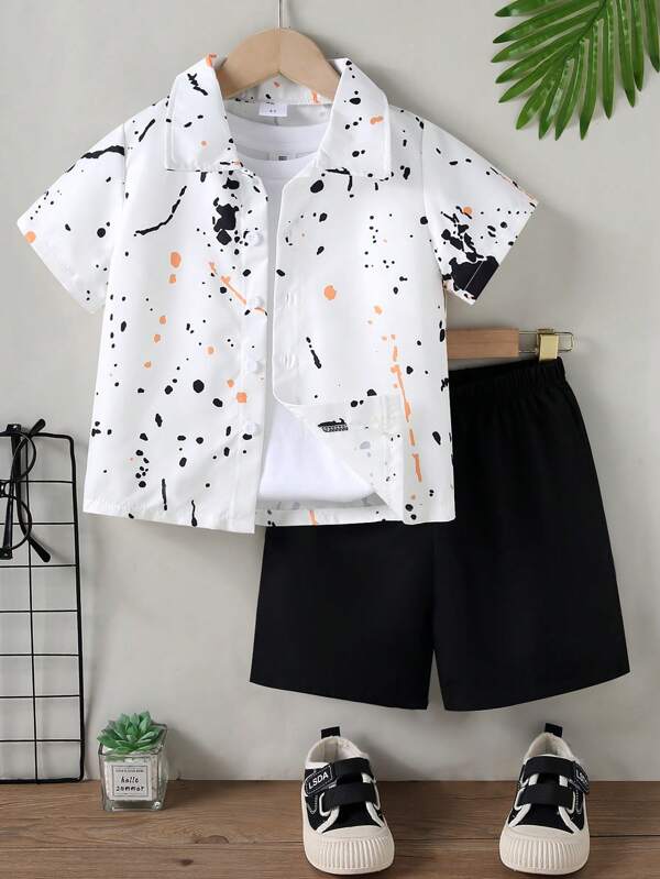 Set casual de verano de 2 piezas para niño joven: Camisa polo de manga corta con estampado de salpicadura de tinta + Pantalones cortos de color liso