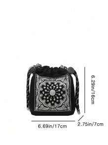 Embroidered Vintage Style Bucket Handbag For Women, New Design, Niche Brand, Versatile Commute Shoulder Bag, Paisley Flower & Ball Chain Detail, Crossbody, Exquisite Floral Bag For Women - Multicolor - View 3
