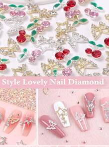 40Pcs Alloy Nail Gems Charms, Silver Gold 3D Butterfly Dangle Star Nail Rhinestones Charms Pink Red Cherry Shiny Diamond Nail Supplies Nail Charms - Multicolor - View 5