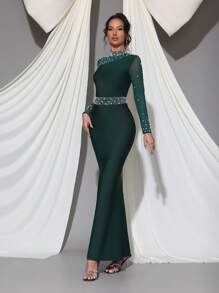 New Sexy Pearl Decor Mesh Patchwork Long Sleeve BodyconLong Bandage Dress, Elegant For Wedding Guest, Party, Birthday, Formal Evening Gown Eid Al Fitr Dress - Dark Green - View 4
