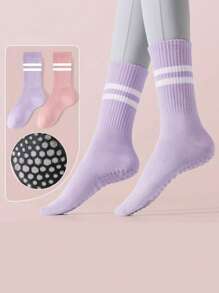 5 Pairs Women's Crew Yoga Socks With Dual Stripes, Full Sole Silicone Anti-Slip, Comfortable Soft Cushioned, Suitable For Dance, Pilates Yoga, Indoor Fitness Grip Socks - Multicolor - View 3