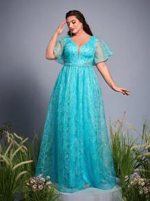 Plus Size High-End V-Neck Embroidered Lace Long Sleeve Rhinestone Beading Evening Gown,Party Dress,Formal,Wedding Guest - Blue - View 3