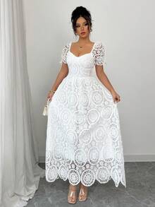 女士休闲纯色花朵镂空短袖连衣裙，优雅白色长裙