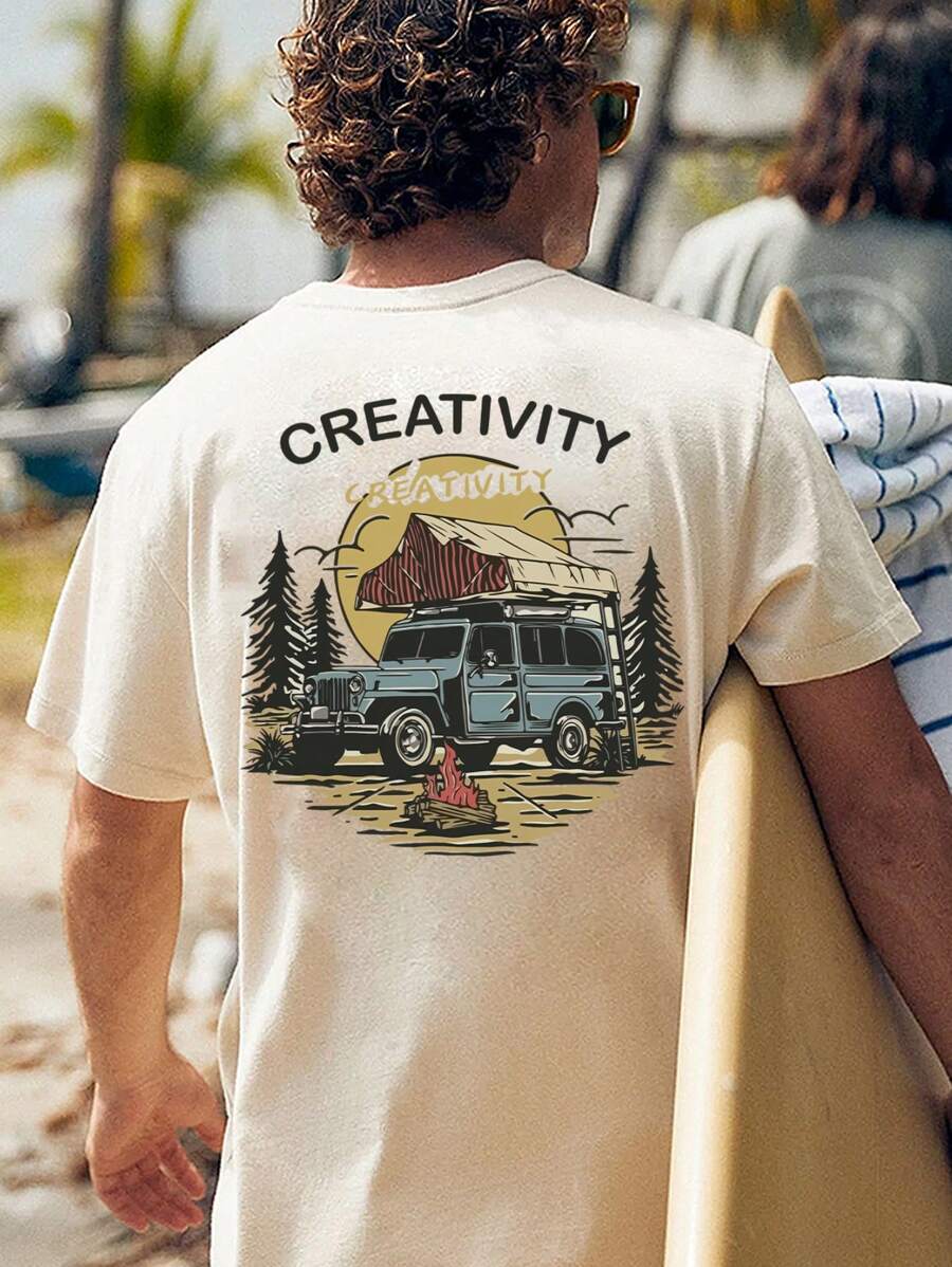 男士字母与汽车印花圆领短袖休闲 T 恤，夏季 - 杏色 - 查看 1